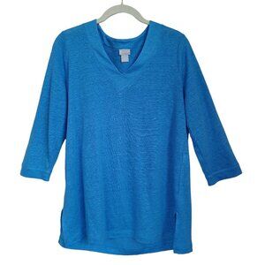Chicos Pullover Tunic V Neck Knit Top 100% Linen Regatta Blue Womens Small